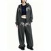 Women's European American Style Hooded Zip up Sweatshirt Set Trendy Brand Patterned Print Loose Wide Leg Pants Two Piece Set_ecoleips.com