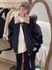 girl Girl Girl 2025 Winter New Korean Style Patchwork Lamb Wool Turn-down Collar Padded Workwear Parka Jacket For Women Casual Warm_ecoleips.com