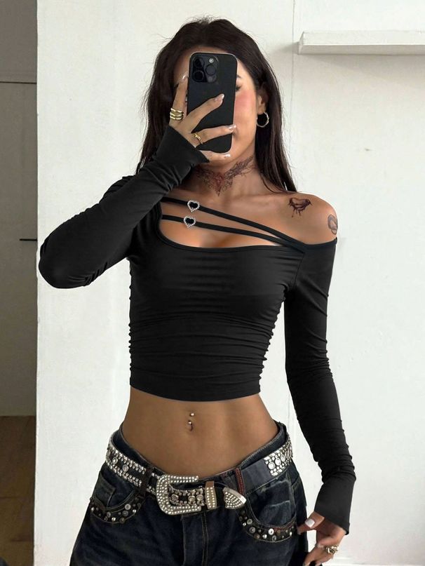 Voya Women's Black Sexy Off Shoulder Hanging Neck, European And American Spicy Girl BM Style Hollow Cross Strap Design, Niche Short Top_ecoleips.com