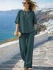 Summer 2 Piece Women's Casual Set with Drawstring Pockets European American Style Short Sleeve round Neck Top Wide Leg Pants_ecoleips.com