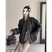 Aria Basics American Retro Jacket For Women, Spring And Autumn Black Sweet Cool Style Motorcycle PU Leather Loose Slim Fit Long_ecoleips.com