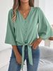 Women's V-Neck Button Front Knotted Hem Chiffon Blouse 3/4 Sleeve Casual Tops_ecoleips.com