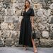 Women's Solid Color Deep V Neck Smocked High Waist Maxi Dress With Side Slit – Casual Flowy Summer Gown_ecoleips.com