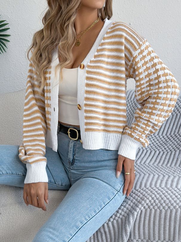 2025 Autumn Winter Color-Block Striped Lantern Long Sleeve Cardigan Sweater Short Coat Women's Fashion_ecoleips.com