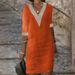 Women's Solid Color V Neck mid Sleeve Casual Dress Cotton And Linen Blend Independent Website Hot Selling 2023 European And American Style_ecoleips.com