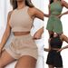 Women's Summer Fashion Casual Two Piece Set Sleeveless Waffle Vest And Short Solid Color_ecoleips.com