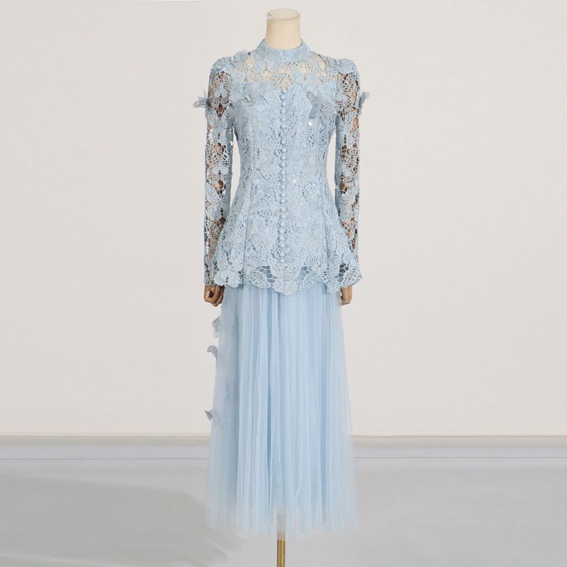 Women's Clothing Temperamental Lady Style Two Piece Suit Summer New Heavy Embroidery Top Long Mesh Skirt Suit For Women_ecoleips.com