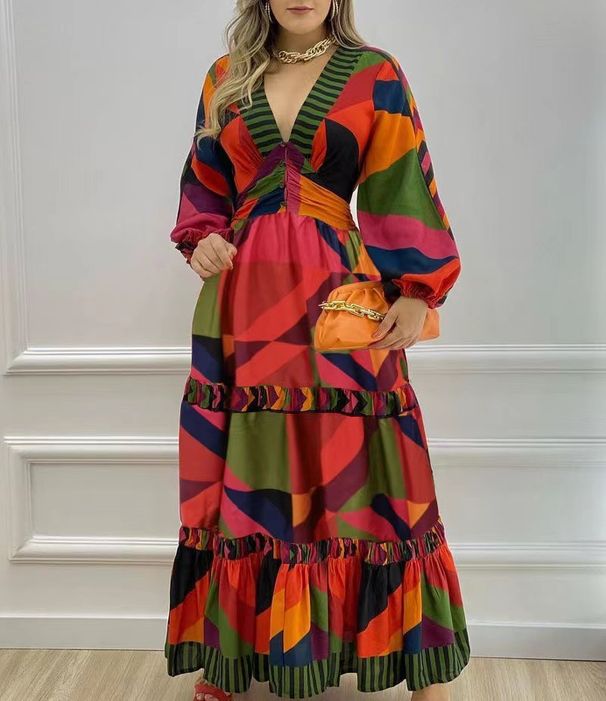 Women's Clothing Women's Fashion Elegant V Neck Geometric Print Splicing Large Skirt Waist Dress Female_ecoleips.com