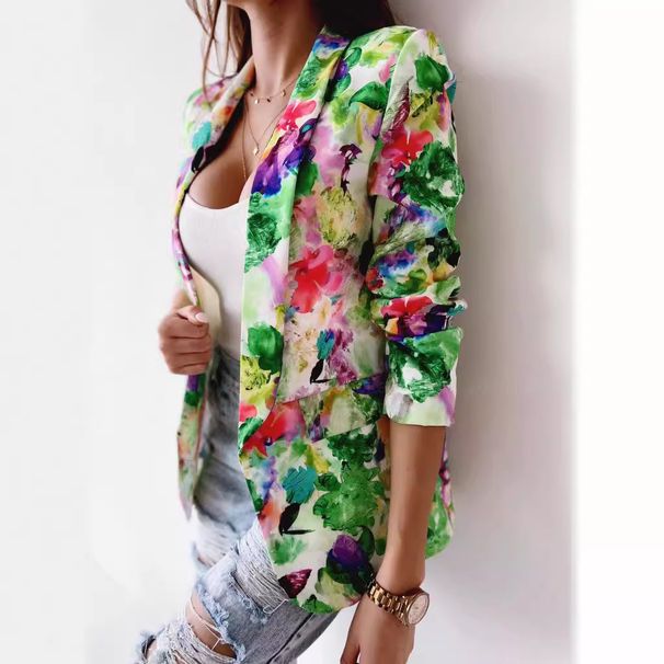 Women's Clothing American Style Printed Blazer Casual Spring Outerwear Long Sleeve Elegant Fashion Slim Fit Coffee Dark Blue Black_ecoleips.com