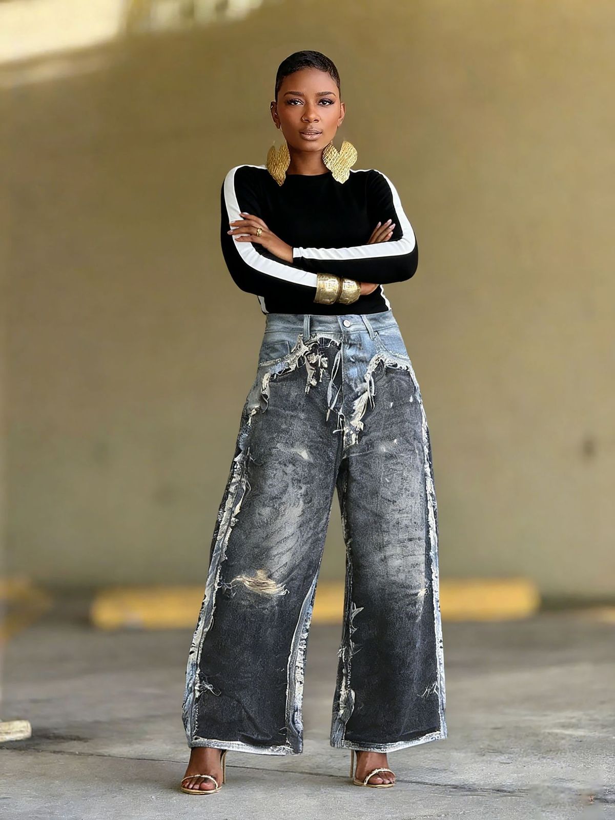 Women's Distressed Faux Leather 3D Printed Two-Piece Set Casual Cotton Jeans Spring/Autumn Summer Collection_ecoleips.com