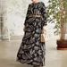 Elegant Muslim Abaya Dress With Belt Long Sleeve Flowy Maxi Dress For Women, Modest Islamic Fashion, Breathable Polyester, Print Design (Black, S-XXL)_ecoleips.com