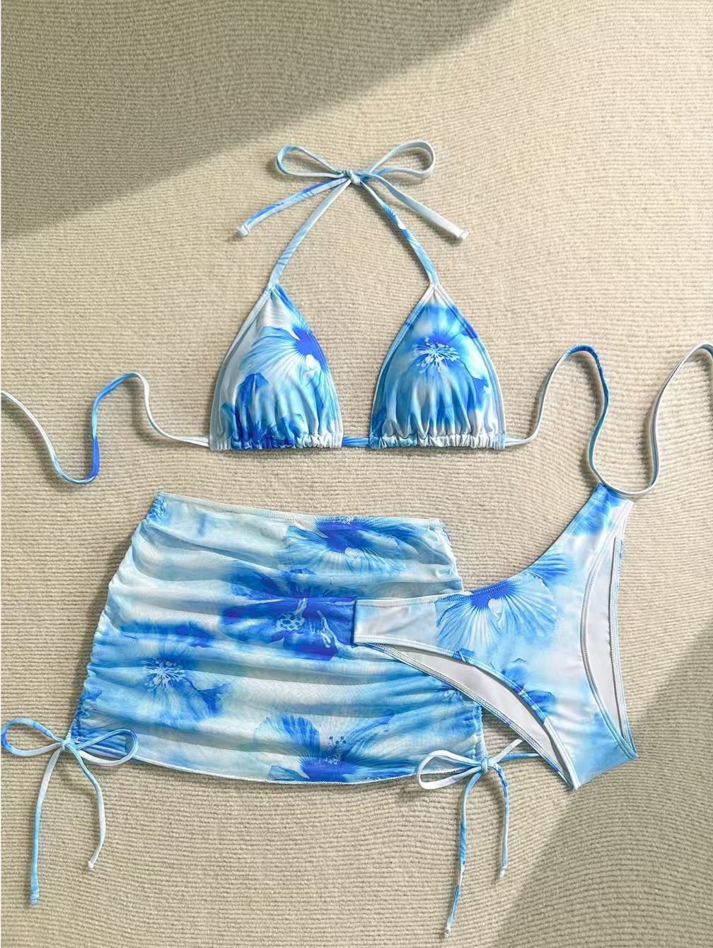 Women's Floral Print 3-Piece Halter Bikini Set With Sheer Cover-Up, Adjustable Ties & Removable Padding_ecoleips.com