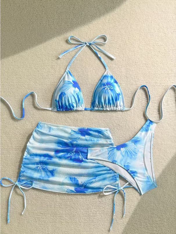 Women's Floral Print 3-Piece Halter Bikini Set With Sheer Cover-Up, Adjustable Ties & Removable Padding_ecoleips.com