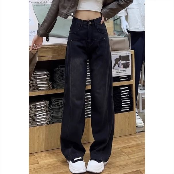 Black Fleece-Lined Wide-Leg Jeans Women, New Autumn And Winter Style, Petite Floor-Length Pants, Slimming Straight-Leg_ecoleips.com