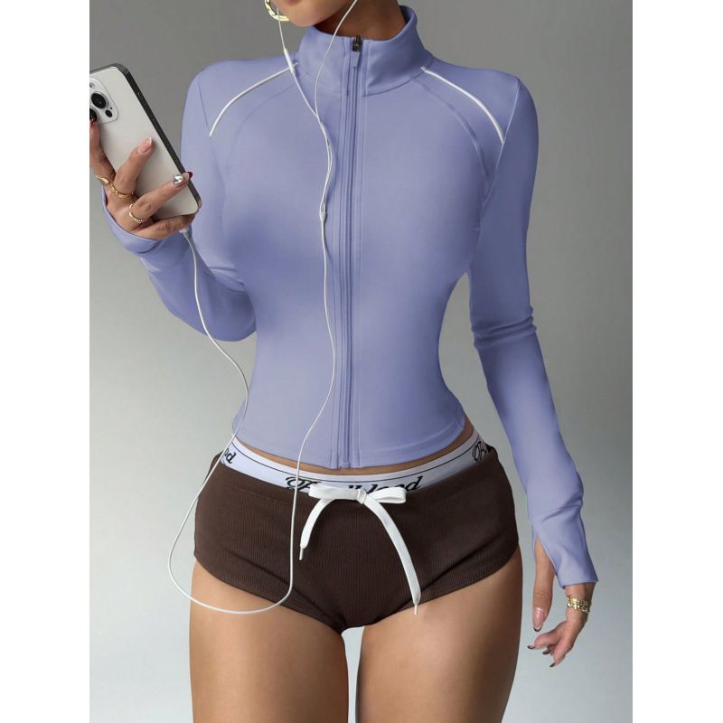 Women’s Slim-Fit Zip-Up Running Jacket – Color-Block Long Sleeve Yoga Top (Navy/Lavender/Beige/Black) – Moisture-Wicking & Stretchable_ecoleips.com