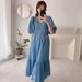 Korean Chic Summer Retro V Neck Faux Denim Dress For Women Casual Loose Fit With Ruffle Short Sleeves_ecoleips.com