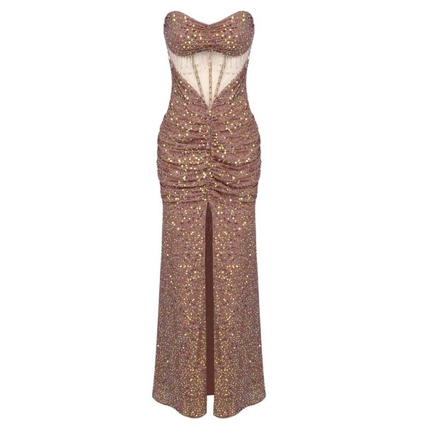 Women's Clothing New Style Tube Top Hollow Sexy Pleated Design Sequined Skirt Hip Wrapped Front Slit High End Fashion Dress Skirt For Women_ecoleips.com