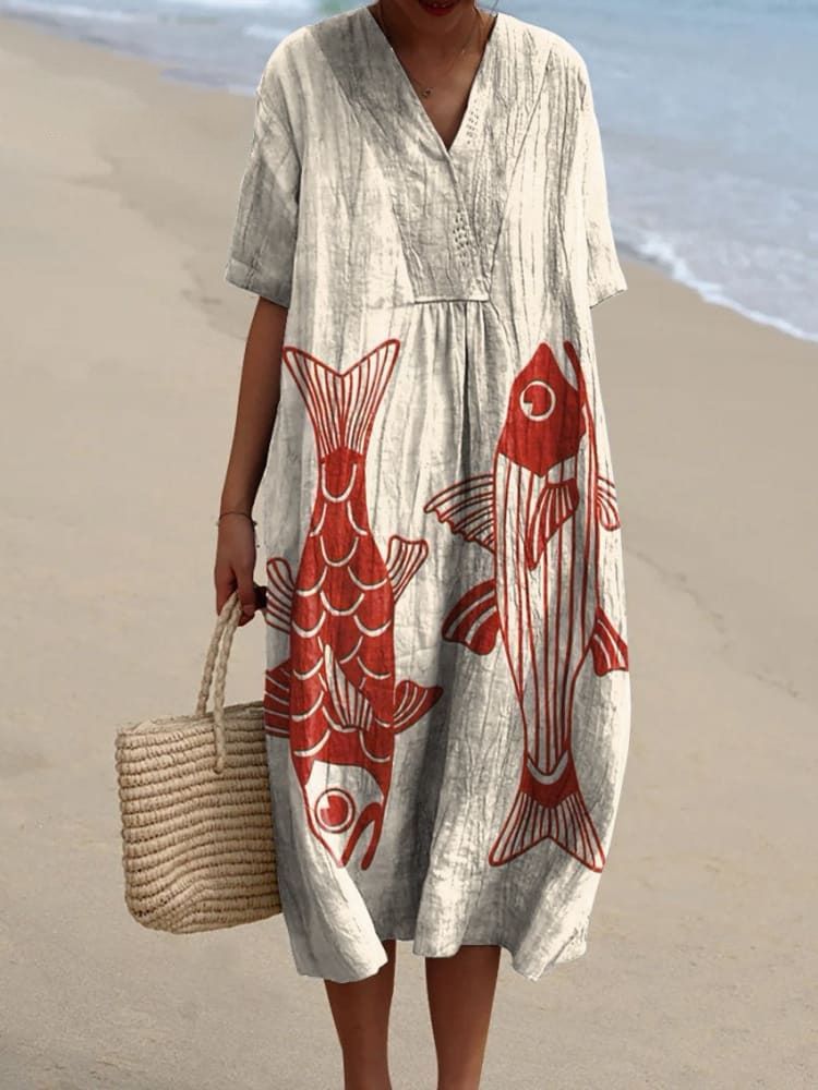Plus-Size Women's Short-Sleeve Shirt Dress With Ocean Elements, Vacation Style Dress_ecoleips.com