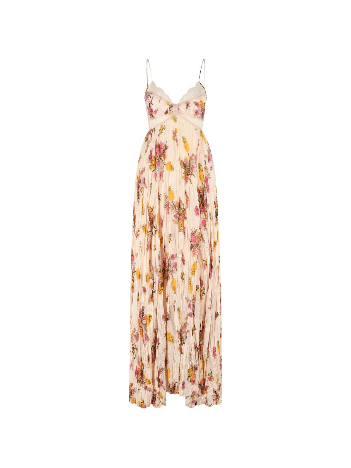 High-End French Style Floral Print Lace Trimmed Pleated Maxi Skirt Backless Dress for Beach Vacations_ecoleips.com