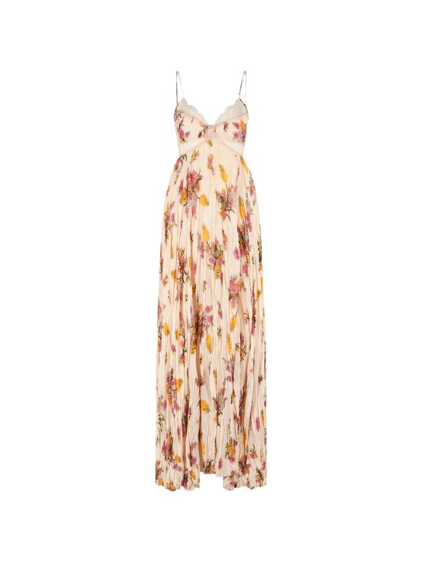 High-End French Style Floral Print Lace Trimmed Pleated Maxi Skirt Backless Dress for Beach Vacations_ecoleips.com