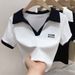 Women's Clothing Lapel Short Sleeved T Shirt Over There Summer New Pure Desire Style V Neck Short Tops Stylish Polo Shirt_ecoleips.com