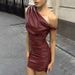 Women's Clothing Leather Clothes Stitching Oblique Collar Faux Leather Paneled Asymmetric Neckline Twist Knot Shirred Bodycon Dress - Camel & Red_ecoleips.com