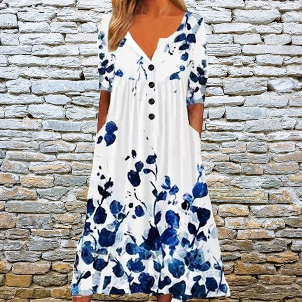 Women's Fashion Printed Long Dress V‑Neck Loose Oversized Style With Side Pockets Casual Daily Wear_ecoleips.com