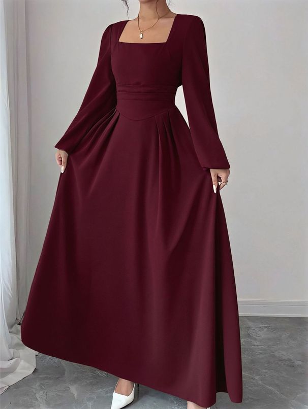 Spring Solid-Color Elegant Pleated Dress, French Square Neck Elegant Long Dress For Women's Wear_ecoleips.com
