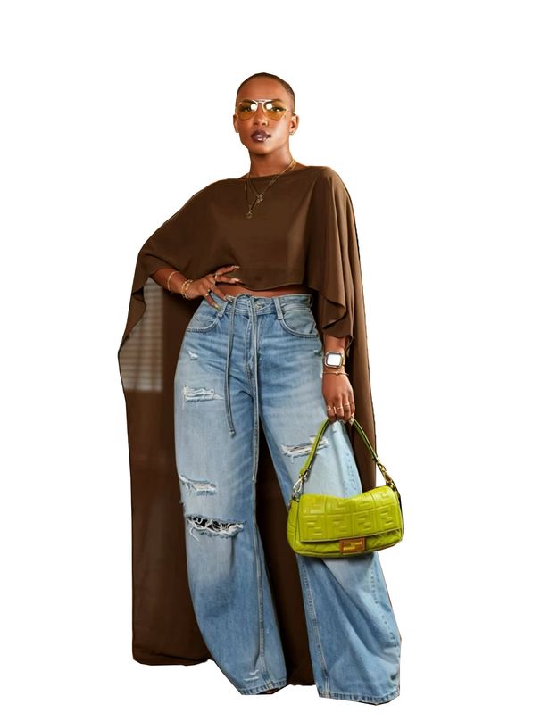 TW896 Women's Elegant Loose Mesh Cape Top with Batwing Sleeves And Waist Exposing European And American Summer Style_ecoleips.com