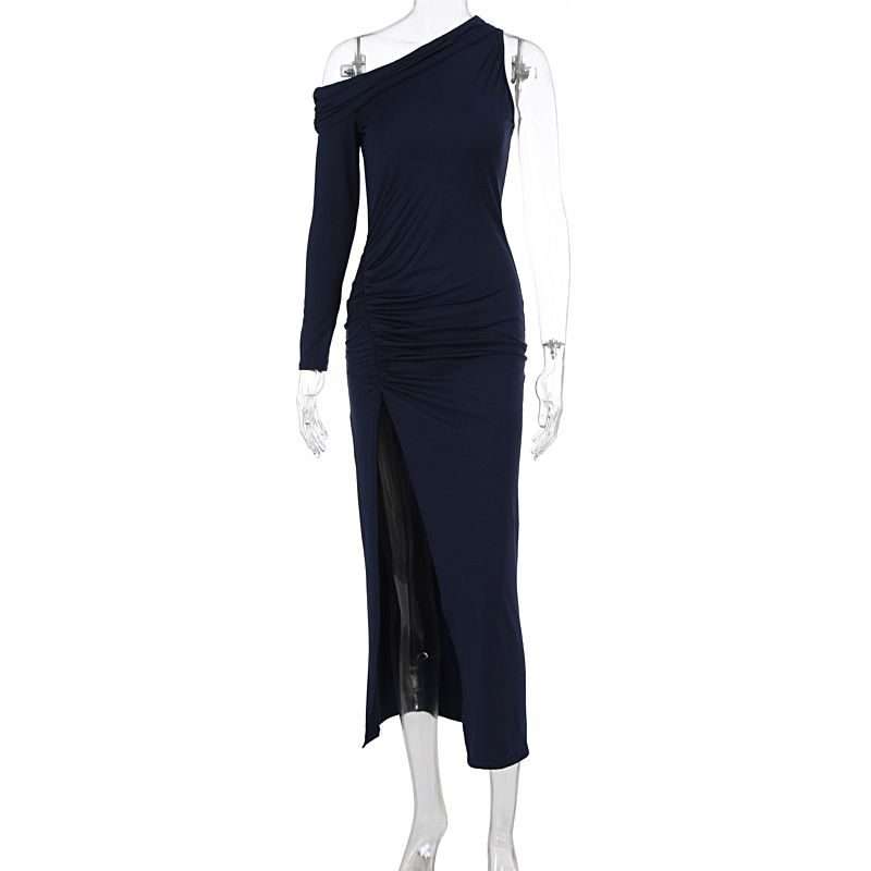New Arrival Fashion Elegant One Shoulder Long Sleeve Bodycon Slit Dress For Women Casual Party Daily Wear_ecoleips.com