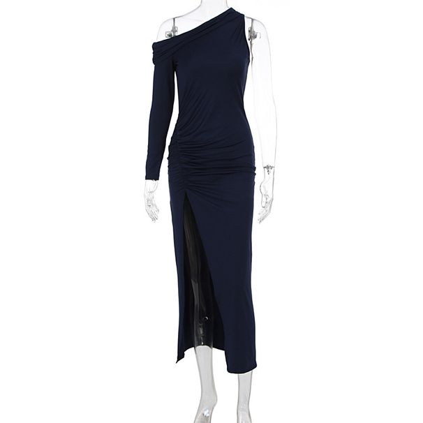 New Arrival Fashion Elegant One Shoulder Long Sleeve Bodycon Slit Dress For Women Casual Party Daily Wear_ecoleips.com