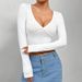 Voya Women's Sexy V-neck T-shirt With Spring And Summer Solid Color Design And Exposed Navel Long Sleeved Top_ecoleips.com