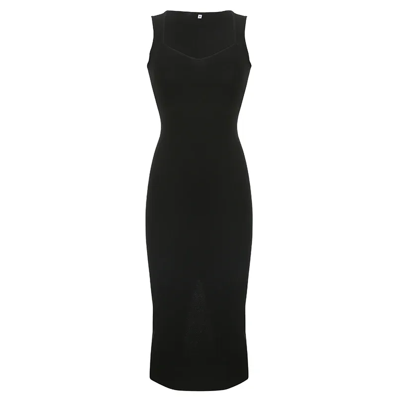 Myufon Basic Knit Long Dress Korean Fashion Square Collar Sleeveless Women's Dresses Summer Casual Y2k Vintage All-match Outftis_ecoleips.com