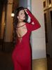 Hugcitar Solid Long Sleeve Backless Bandage Ruched Sexy Bodycon Maxi Prom Dress 2025 Spring Women Outfits Evening Party Birthday_ecoleips.com