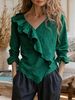 Women's Clothing Solid Color V Neck Long Sleeve V-Neck Flounce Hem Blouse – Lightweight Polyester Tunic Top For Women (Casual & Office Wear)_ecoleips.com