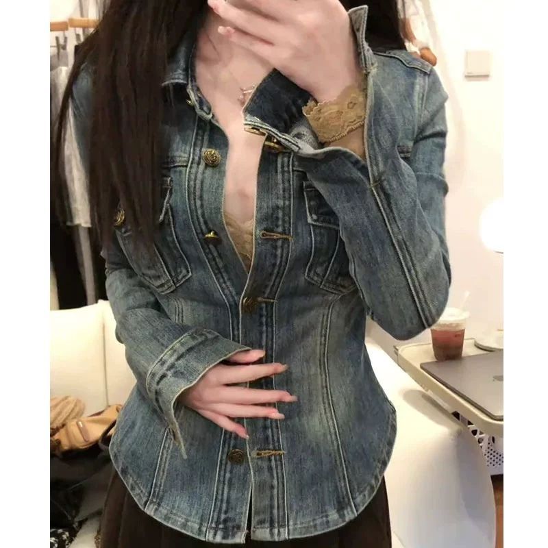 American Blue Polo Collar Denim Shirt For Women's Winter High-End Feeling, Waist Cinching, Slim Fit And Slimming Jacket_ecoleips.com