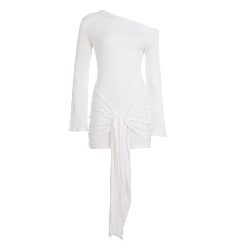 European American Fashion Solid Color Off-shoulder Long Dress With Bell Sleeves, Stylish Drape Details, And A_ecoleips.com