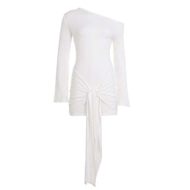 European American Fashion Solid Color Off-shoulder Long Dress With Bell Sleeves, Stylish Drape Details, And A_ecoleips.com
