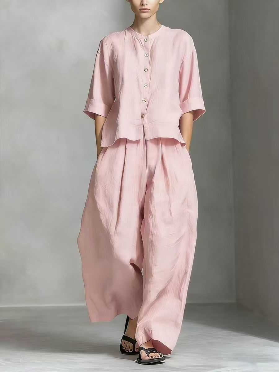 Women's Summer Linen Shirt Set European American Style Wide Leg Pants Two Piece Casual Commuter Loose Fit Short Sleeve_ecoleips.com