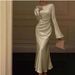Elegant Bell-Sleeve Maxi Dress – Stretchy Acetate Evening Gown With Fishtail Hem (White/Black/Coffee/Mint Green, S-XL, 95% Acetate, Slinky Drape)_ecoleips.com