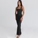 Elegant Sexy Solid Color Evening Gown European American Style Halter Top Deep V Neck Backless Slit Fitted Dress_ecoleips.com