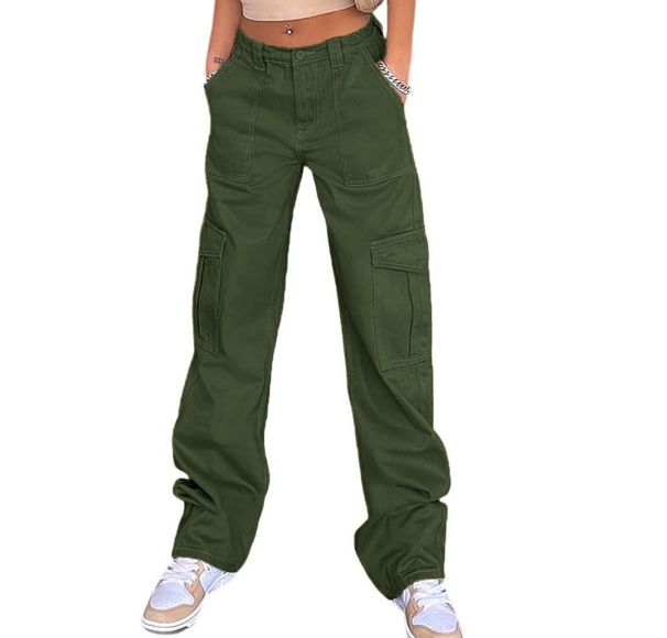 Women’s Clothing Street Fashion Multi Pocket Workwear Straight Trousers High Waist Slimming Loose Khaki Jeans For Women_ecoleips.com