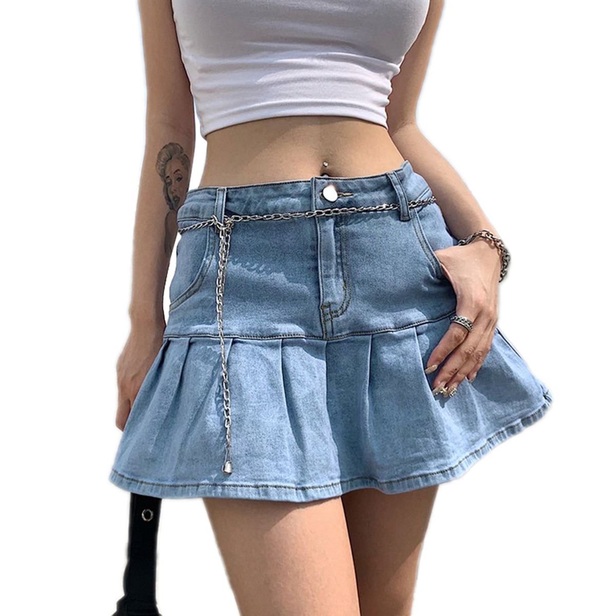 Women's Clothing Half Length Denim Skirt Sexy Two Piece Stretch Denim Skirt_ecoleips.com
