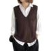 Cross-border V-neck Knitted For Women, Fashionable New Vintage Simple Layered Solid Color Loose Vest Top Trendy_ecoleips.com