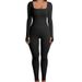 Onesie Autumn And Winter New Threaded Square Neck Hip Lift Slim Sexy Jumpsuit_ecoleips.com