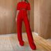 Women's Clothing Set Fashion Round Neck Short Sleeve Top Straight Trousers Solid Color Two-piece Set_ecoleips.com
