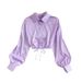 Women's Satin Shirt Unique Design Drawstring Pleated Long Sleeve Slim Fit Short Style Solid Color_ecoleips.com