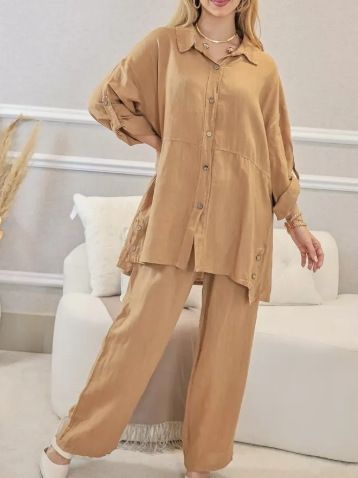 plus Size Two Piece Set European American Style Spring Autumn Loose Long Sleeved Button down Shirt And Wide Leg Pants Solid Color Suit_ecoleips.com