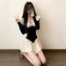 Women's French Elegant Color Block U Neck Flutter Sleeve A-Line Mini Dress – Slimming Fall Winter Gown_ecoleips.com