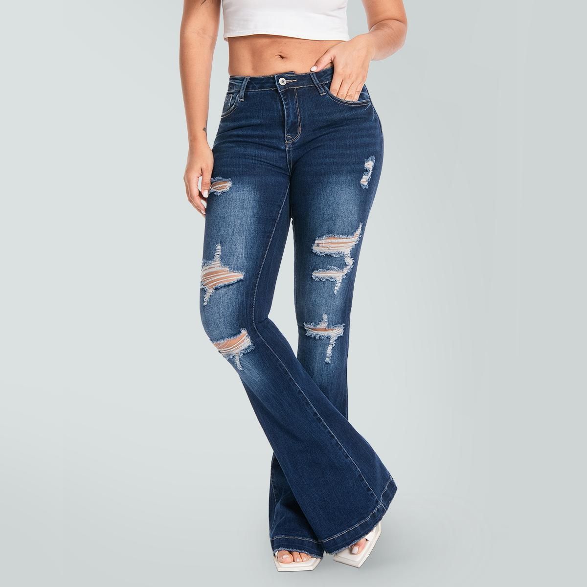 Retro Women's Stretchy Flared Jeans Mid-Rise Ripped Distressed Frayed Edges Slightly Flared Long Casual Street Style_ecoleips.com